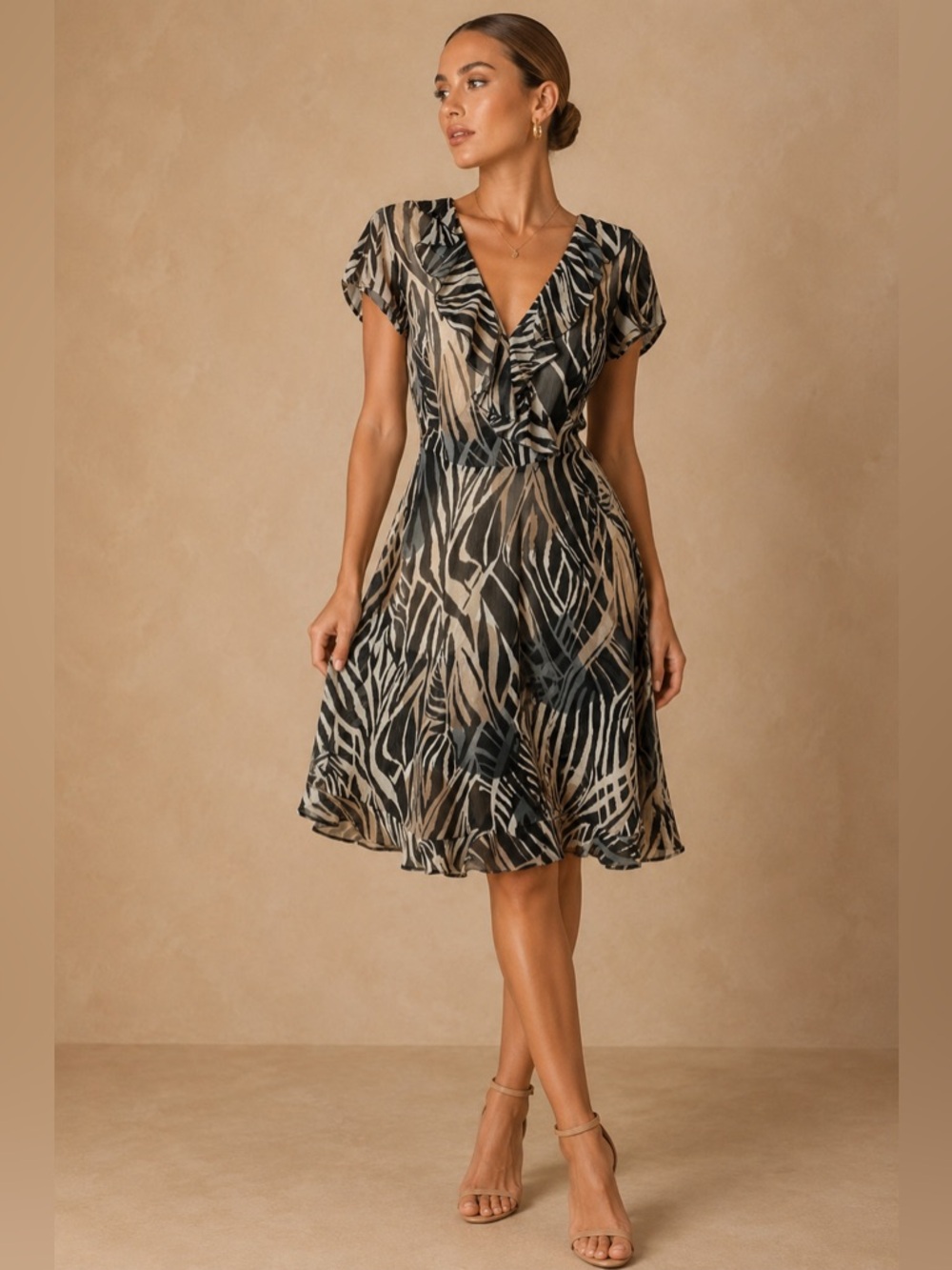 Y2K Vintage Dress Barn Zebra Animal Print Sheer Ruffle V Neck Midi Dress